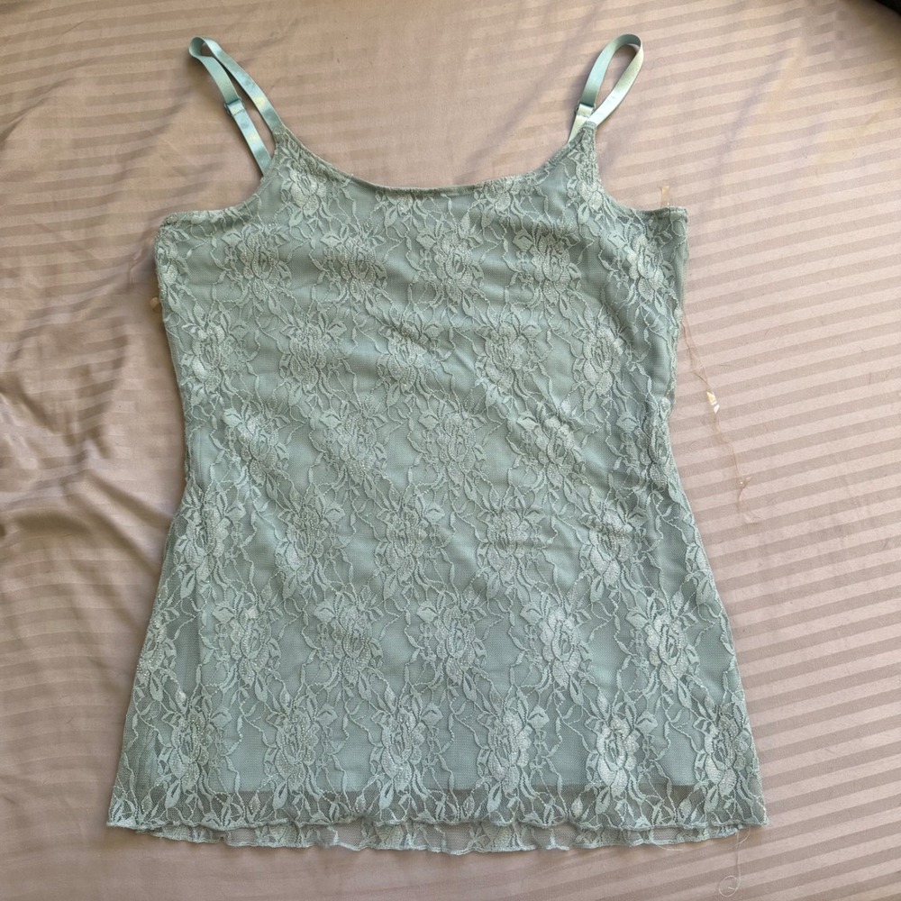 Fairycore Sage Green Floral Lace Camisole Metallic Shimmer Lined Top Large - Picture 1 of 6